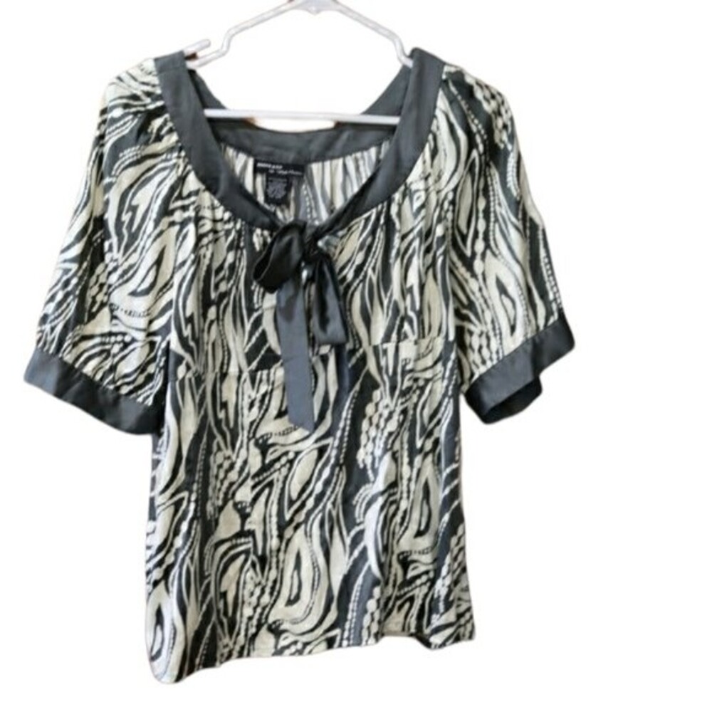 Bob Mackie Gray Cream Floral Top Pussycat Bow 12 Elegant Vintage Statement
